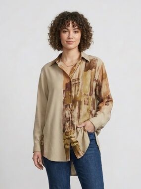 BEVERLY ROSE | Vintage Tan Printed Long Length Button Down Blouse Sz S